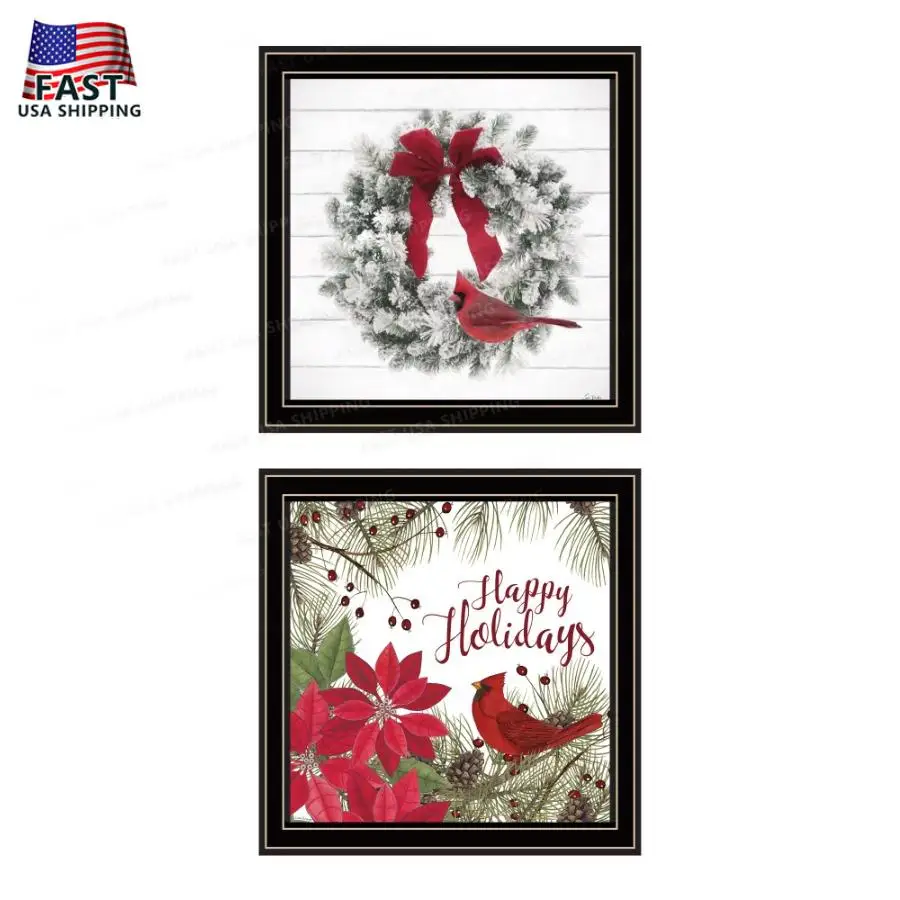 2-Piece Vignette Cardinal Wreath Black Framed Wall Art for Living Room Bedroom Home Decor