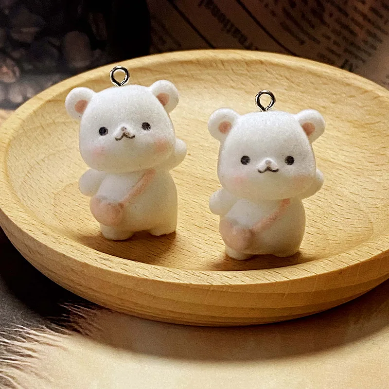 6pcs Kawaii Bag Bear Flocked Resin Charms Funny Cute Animal Doll Pendant For Keychains Diy Jewelry Make