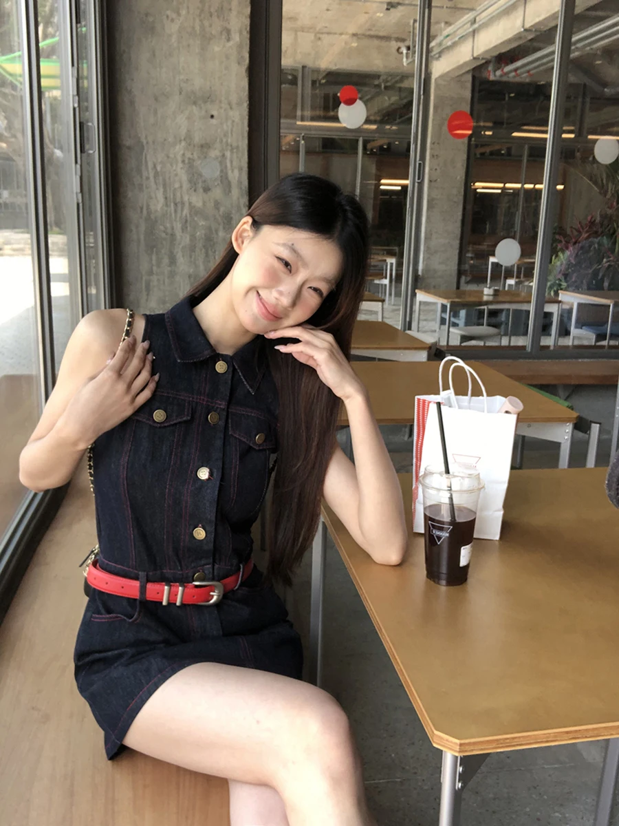 Vestido de Verão Novo em Jeans Azul para Mulheres, Cintura Alta, Estilo H, Mistura de Aodão e Poliéster, Sem Mangas, Gola P...