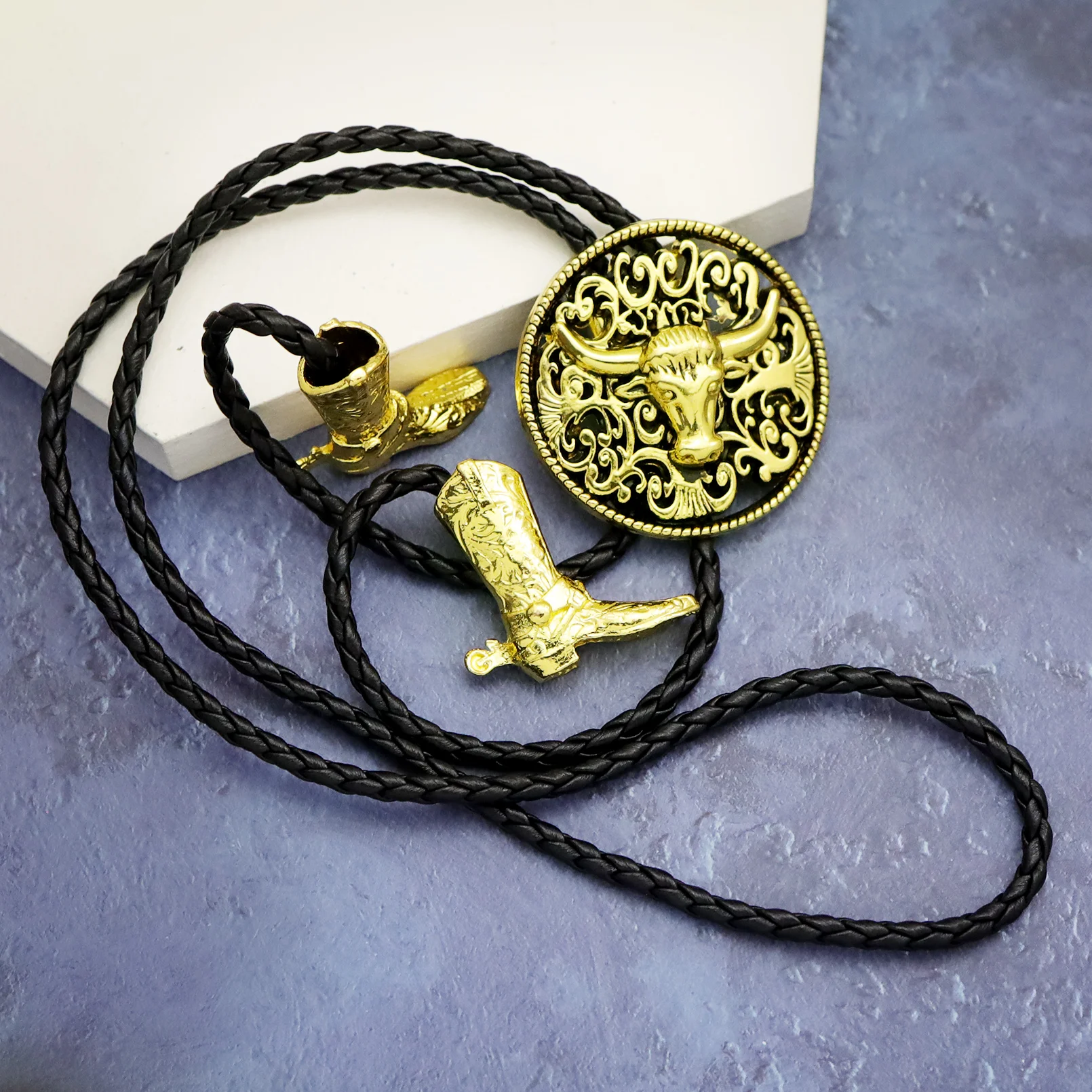 Neuheit Western Cowboy Bolo Krawatte für Herren Kuh Schädel Design Schwarz Leder Seil Vintage Krawatte Bull Kopf Anhänger Damen Schmuck – Detail 5
