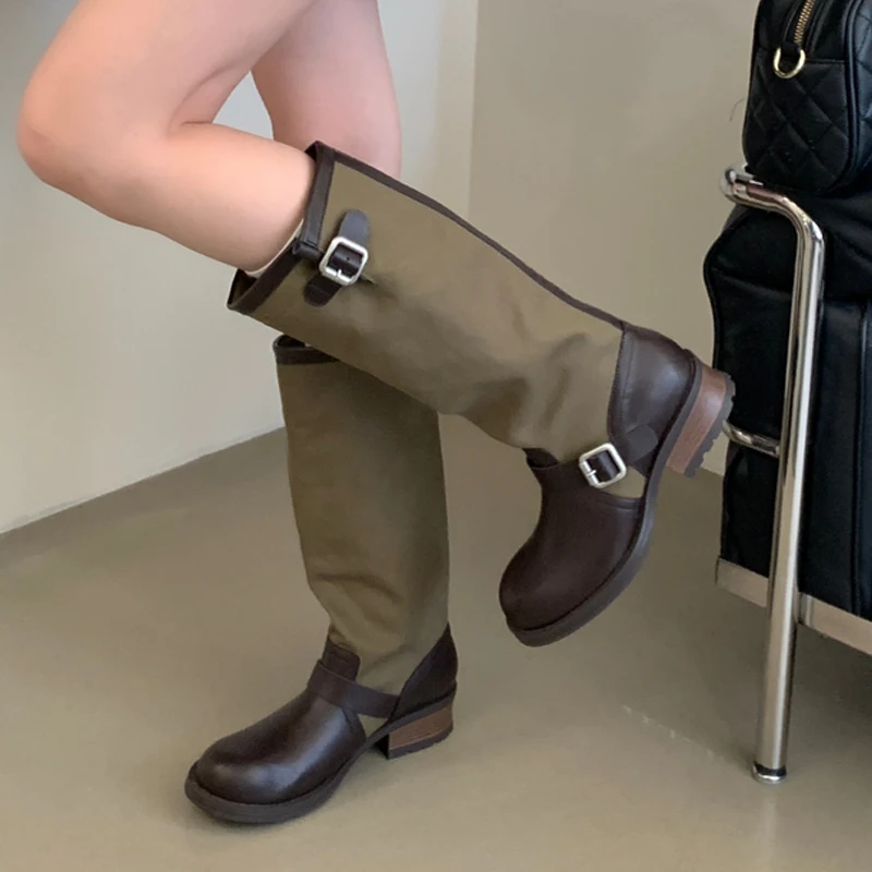 Eilyken Fashion Round Toe Women Knee-High Boots Punk Design Style Splicing Color Blocking Belt Buckle Square Low Heels Shoes