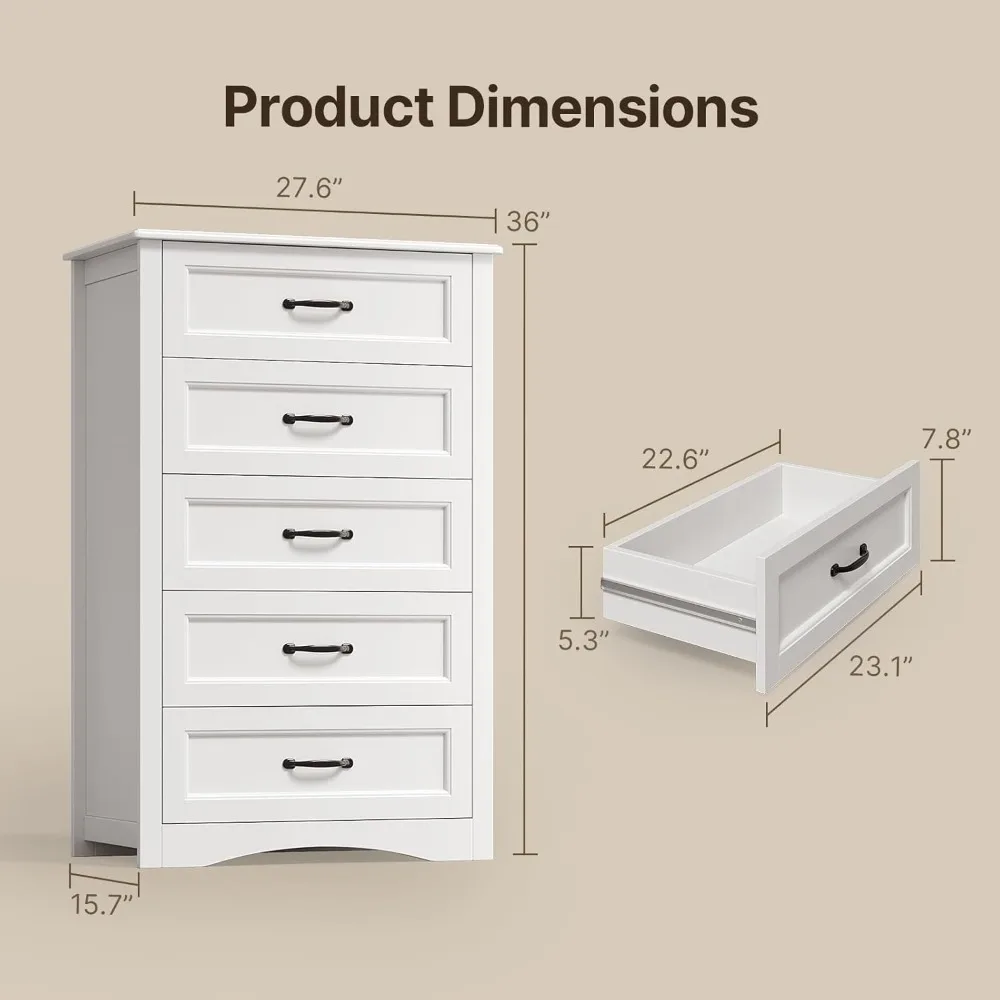 5 Drawer Dresser, White Wood Chest of Drawers for Bedroom, Large Capacity Storage Cabinet with Anti-Tip Device, Living Room