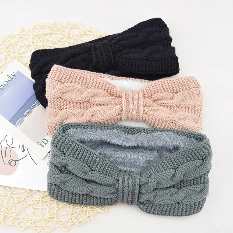 Autunno Inverno Addensare Maglia di Lana Fascia Larga Per Le Donne Foderato In Peluche Headwrap Turbante Hairbands Tenere Al Caldo Scaldini Per Le