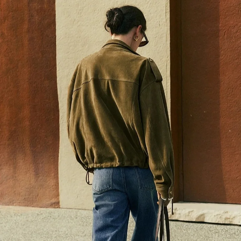 女性のカジュアルクラシックデザインヴィンテージボンバージャケットショートスエード秋ルーズポケットジャケット