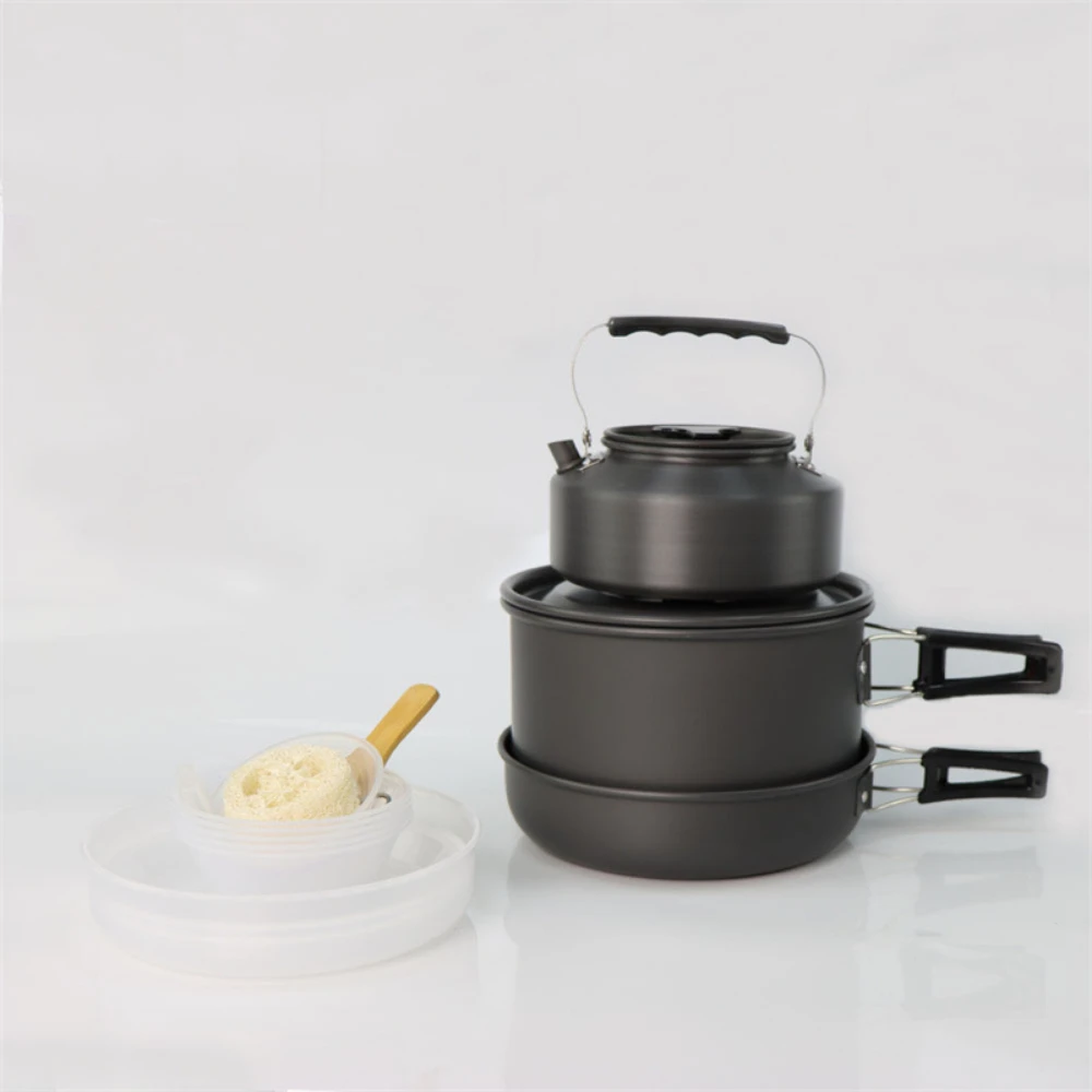 طقم طهي كبير للتخييم في الهواء الطلق مع 2-4 أوعية متداخلة وأواني طهي للتخييم من سبائك الألومنيوم خفيفة الوزن لسهولة الحمل