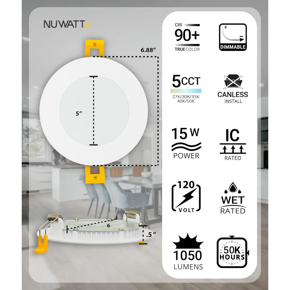 12 عبوة من 6 مصابيح LED فائقة النحافة، درجة حرارة اللون قابلة للتعديل 2700K-5000K، 1050 لومن 15 وات، قابلة للتعتيم، معدل IC #2