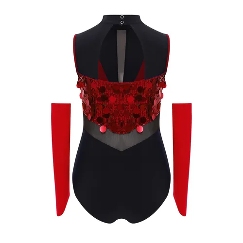 Imagen 2 del producto Traje de actuación de baile y gimnasia para niñas, cuello simulado, sin mangas, recortado en la espalda, lentejuelas brillantes, leotardo de bloques de Color con guantes