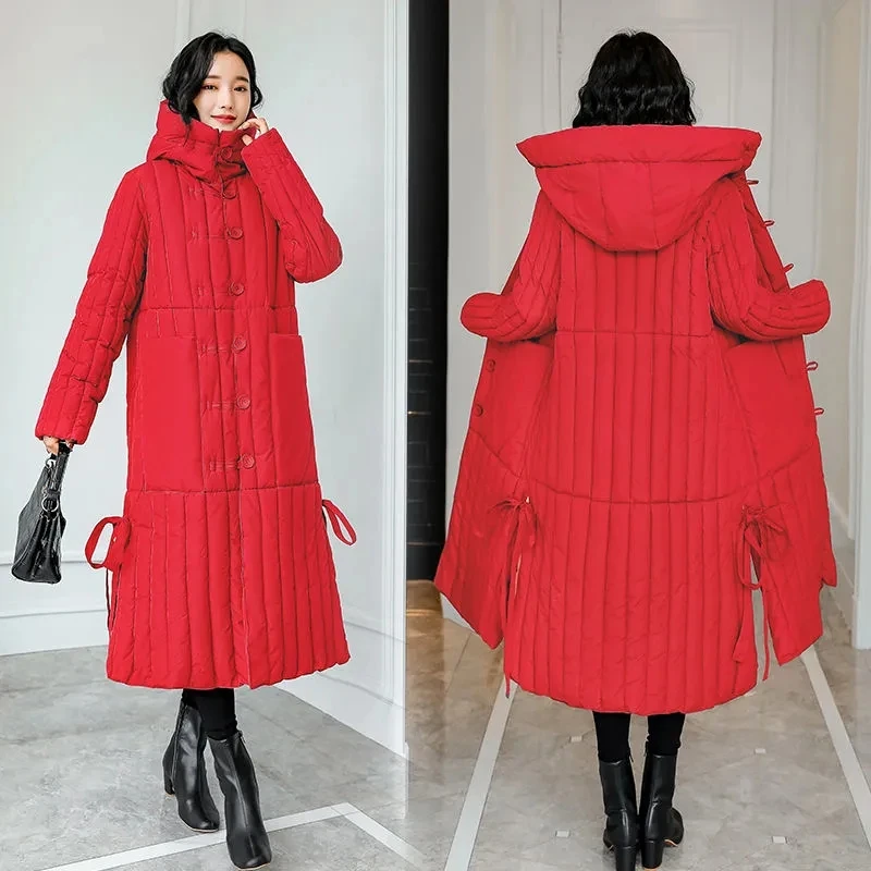 Down Cotton Coat Women 2023 New Artsy Vintage Loose Versatile Winter Jacket Female Hooded Large Size Thick Warm Over Knee Parkas