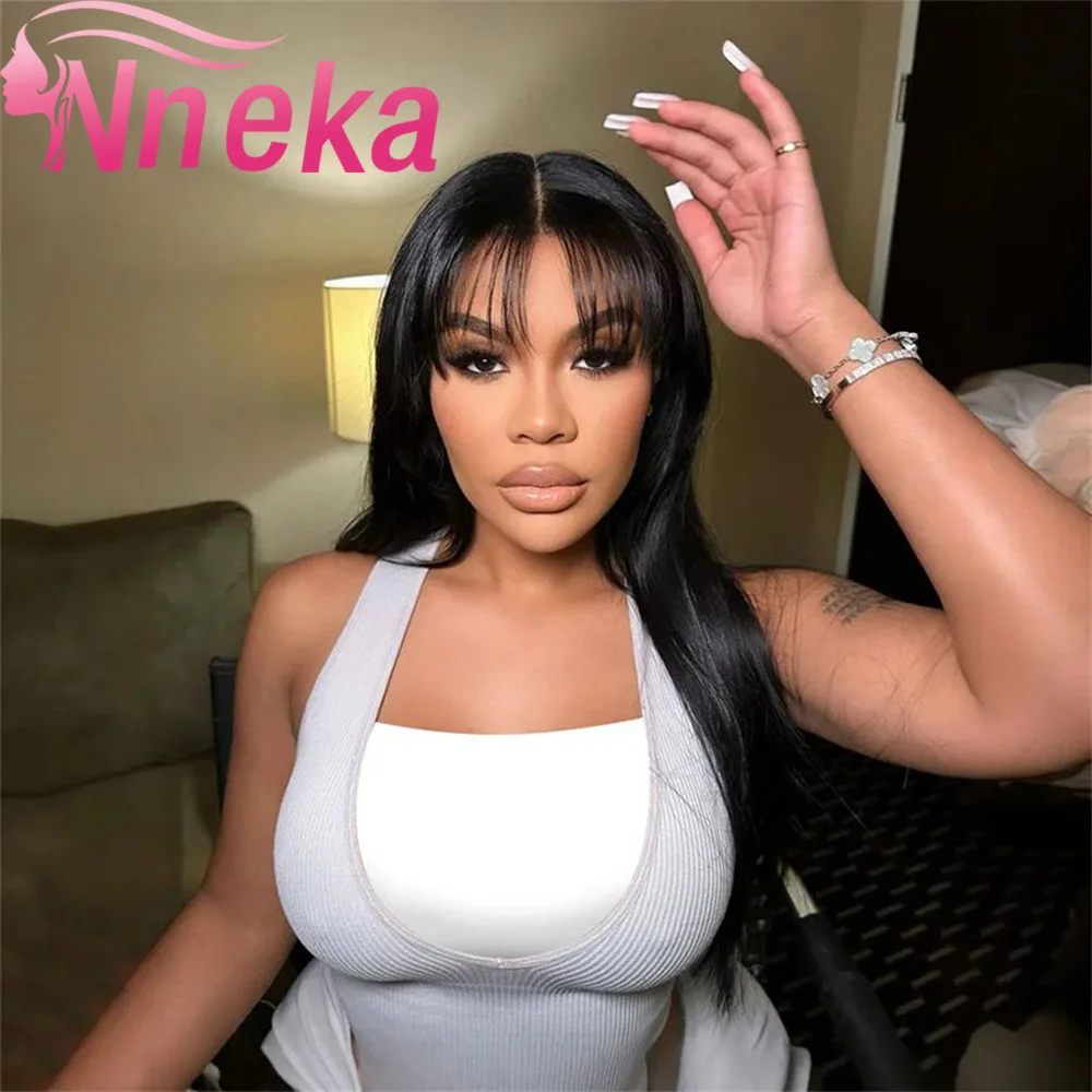 34 Inch Bone Straight Human Hair With Banges For Women Brazilian 3x1 Lace Wigs Gluless Wig Human Hair Natural Black Color