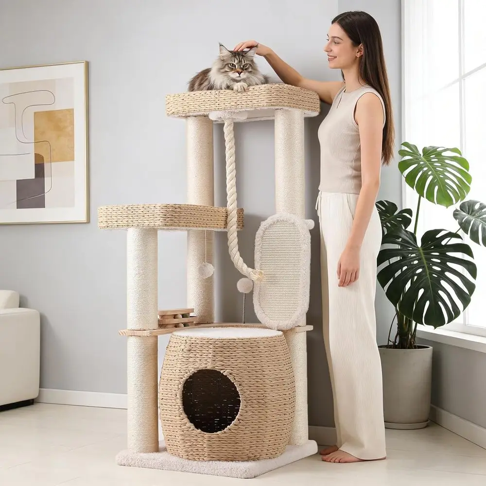 

EMUST Luxury ern Cat Tree Tower 50IN - Прочная многоуровневая лежанка для кошек с очень большим плетеным из ротанга спальным местом и утолщенной когтеточкой