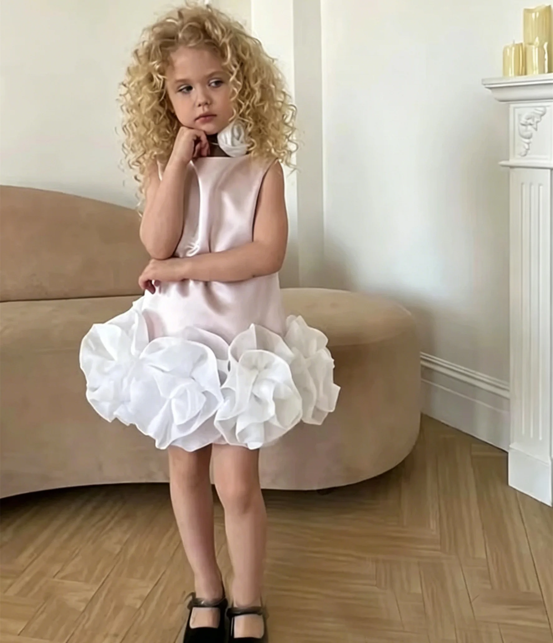 Princess Pink Flower Girl Dress for Wedding Sleeveless Ruffled Knee Lenght Infant Baptism Gowns First Communion Gowns Customized