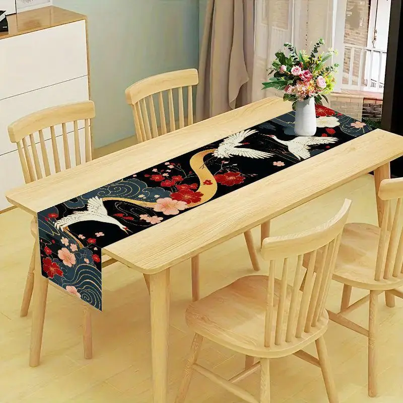 1 Piece of Elegant Japanese-Style Table Runner with Swan and Floral Prints, Suitable for Farmhouse, Indoor, Kitchen, Celebrations, Table Decoration, Restaurant, and Banquet Decoration Supplies