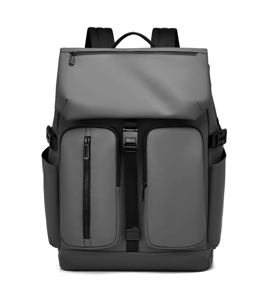 Gray multi pocket roll top backpack casual business travel daypack water resistant fabric large capacity  15.6 inch laptop