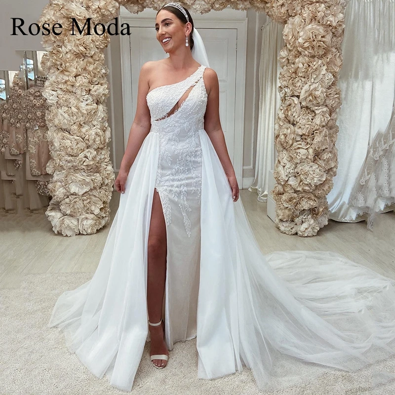 

Rose Moda One Shoulder Shimmering Sheath Wedding Dress with Removable Train Bridal Gown