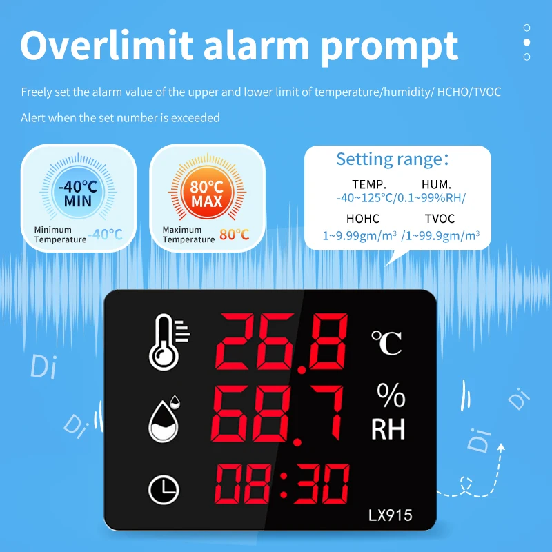 Industriële Temperatuur-En Vochtigheidsmeter Lx915 Display-Instrument Binnen-En Buitenthermometer Led Elektronisch Digitaal Alarm