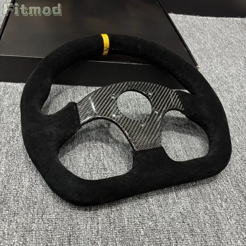 13-inch 320mm D-shaped steering wheel Suede Carbon Fiber Car Modified Steering Wheel Flat Gaming Steering Wheel Yellow Stripe PC