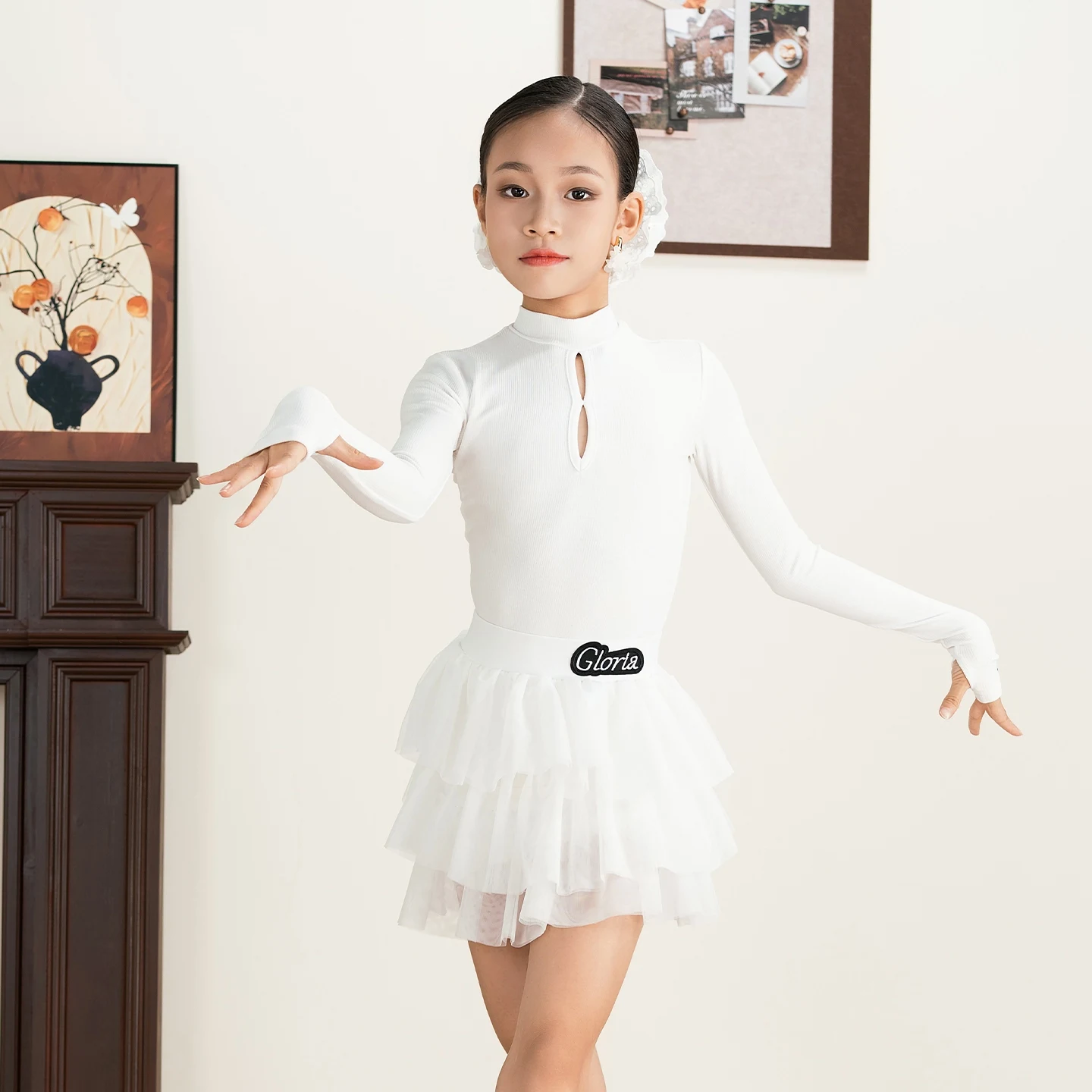 2025 Kinderen Latin Dansvoorstelling Kostuums Voor Meisjes Lange Mouwen Split Rokken Oefenpak Samba Chacha Latin Wear XH3405