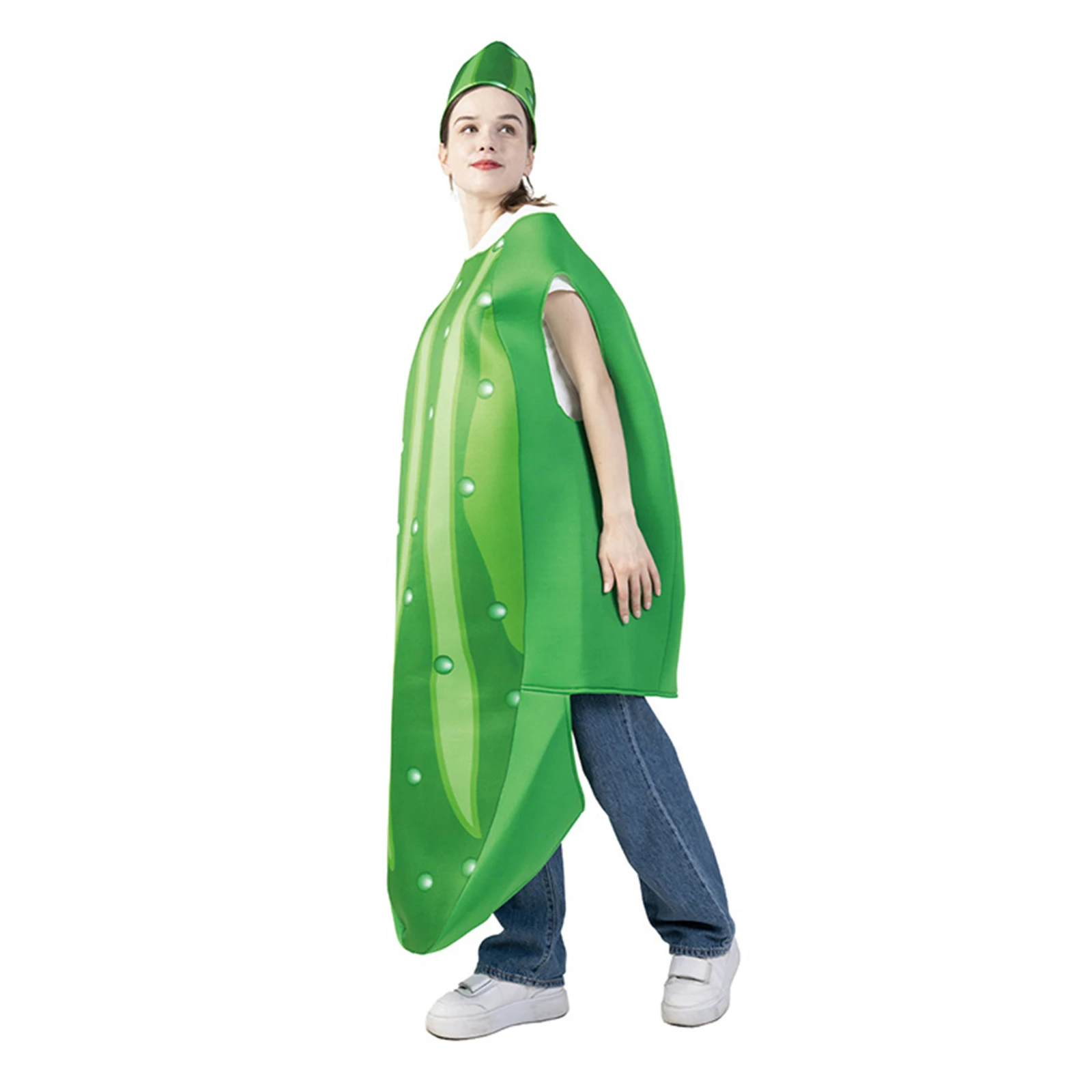 Halloween Pickle Cosplay Costume Sleeveless Round Neck Jumpsuit with Cap 2 Pcs Fruit Outfits