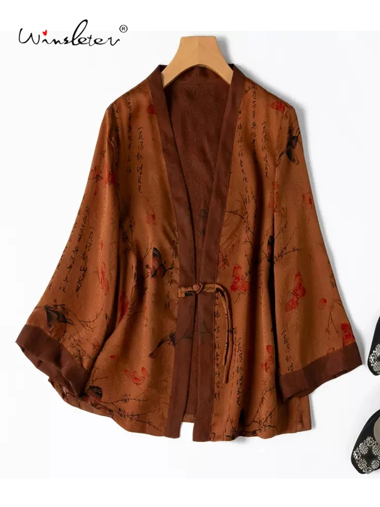 

Winsleter, 100%Real Silk Elegant Watered Gauze Coat, Woman 3/4 Sleeve Jacquard, Loose Vintage Top, 2024 Summer Autumn C478128QC