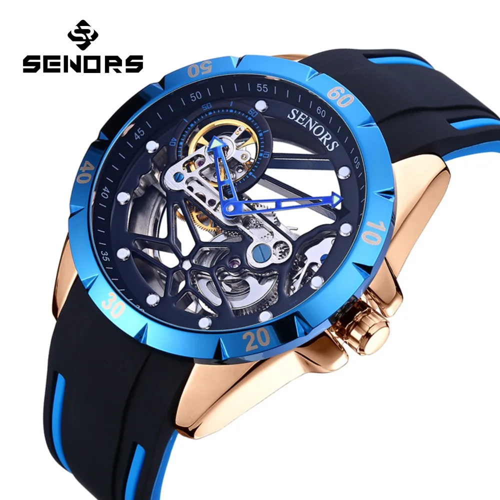 SENORS SN327 Men`s Watch Automatic Mechanical Watches Men Skeleton Tourbillon Sapphire Glass Clock Full Hollow Series Wristwatch