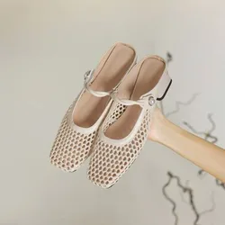 2024 Black/White Net Slippers Square Head Hollow 3cm Short Heel Sandals New Beach Vacation Sandals Casual Women's Shoes 32-43