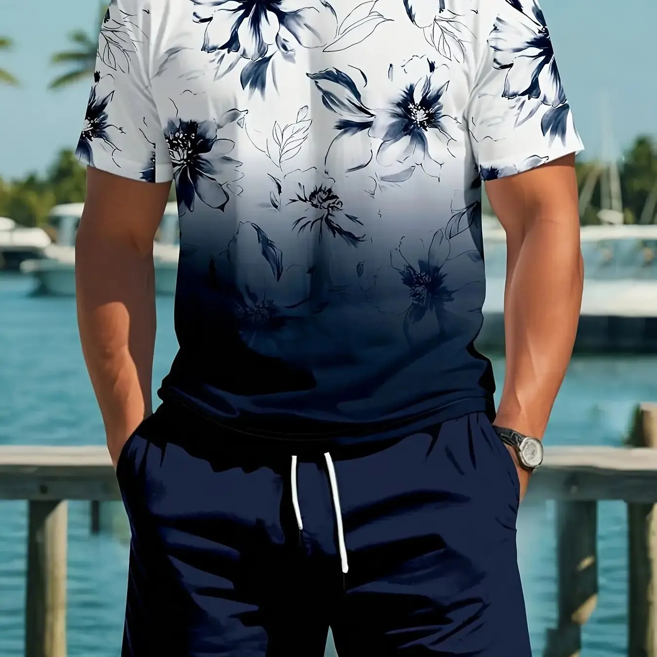 

Мужской комплект с градиентным цветочным принтом: футболка с коротким рукавом и шорты, повседневный, модный, дышащий, с круглым вырезом, мужской костюм-двойка