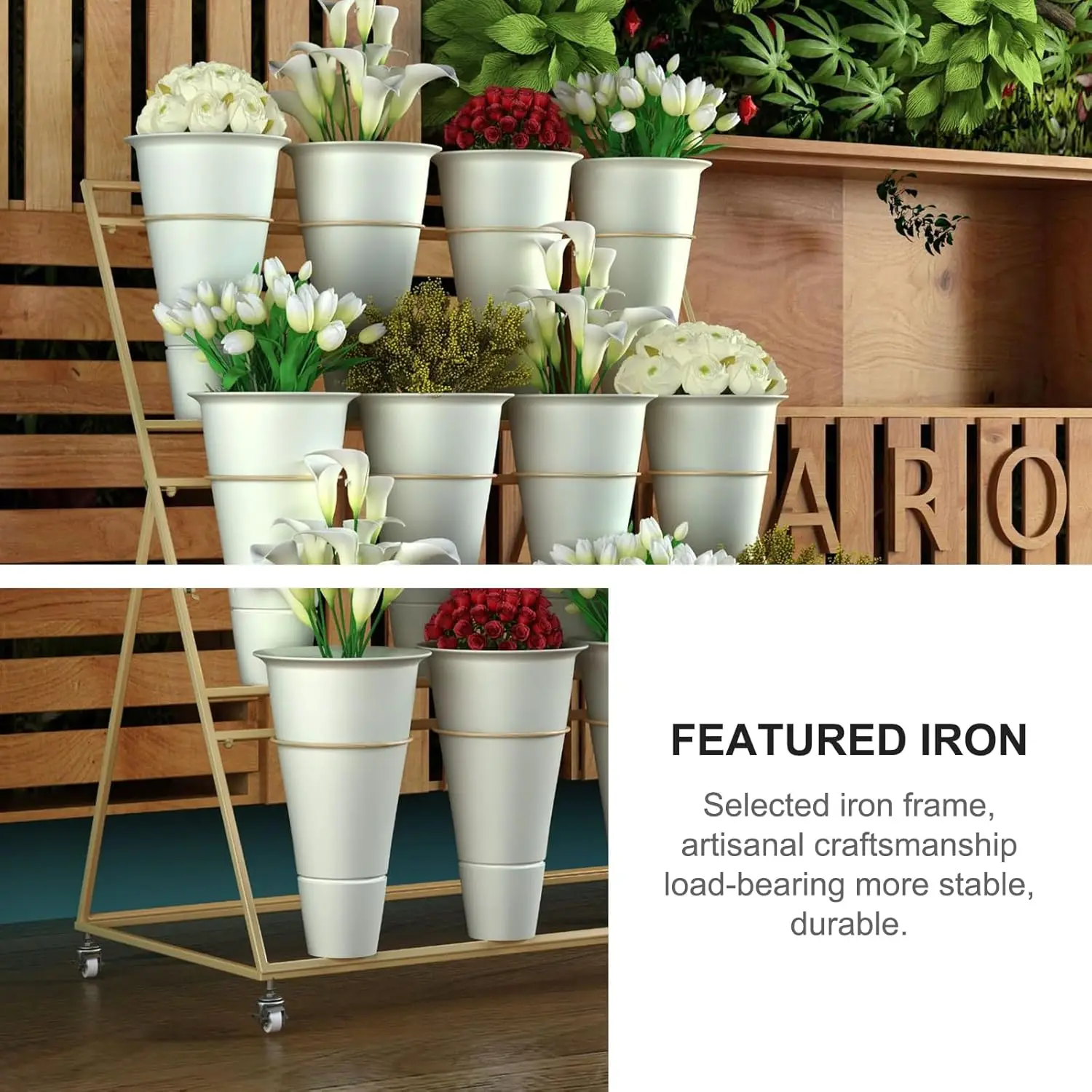 3 Tier Metal Flower Display Stand Frame with 12pcs Buckets, Flower Plant Cart Display Stand with Wheels Heavy Duty Moving Flower image 6