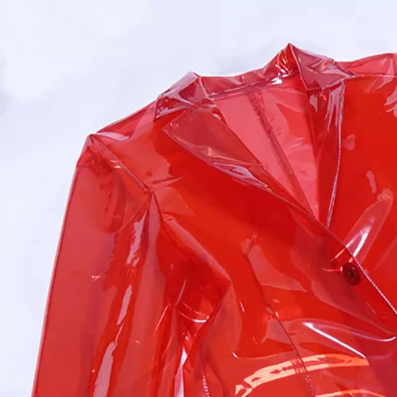 

Man Transparent Bright Red Crystal PU Plastic Suit Jacket Women Fashion See Through Wateproof Coats DJ Club Private Party Tops