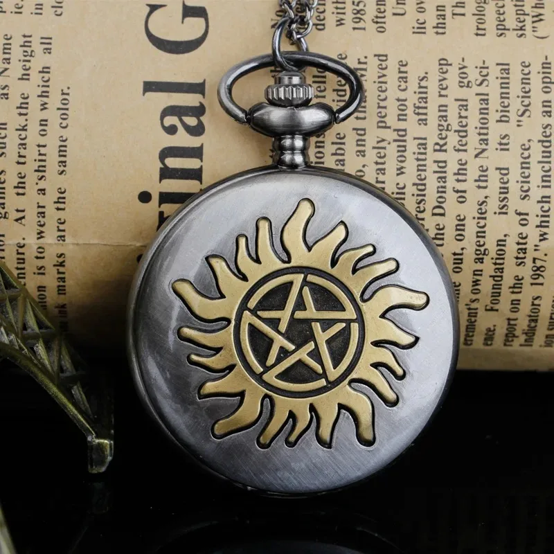 Classic Moive Anime Sun Pentagram Pocket Watch Steampunk Necklace Digital Pendant Chain Clock Fashion Sculpture Men Women Gift