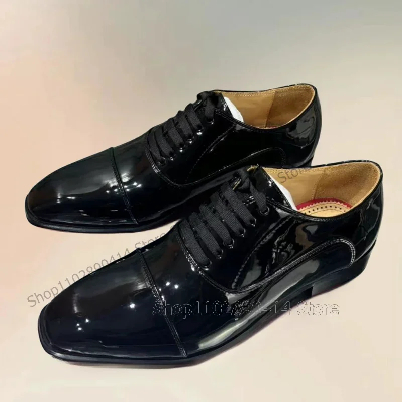 

Black Patent Leather Square Toe Strappy Loafers Fashion Lace Up Men Shoes Luxury Handmade Party Office Wedding Men Dress Shoes