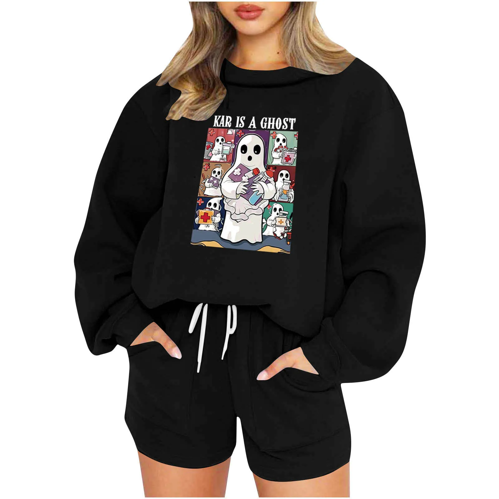 Female Clothing New Design Autumn Winter Woman Fashion Casual Printing Hoodless Crew Neck Sweatshirt Suit.