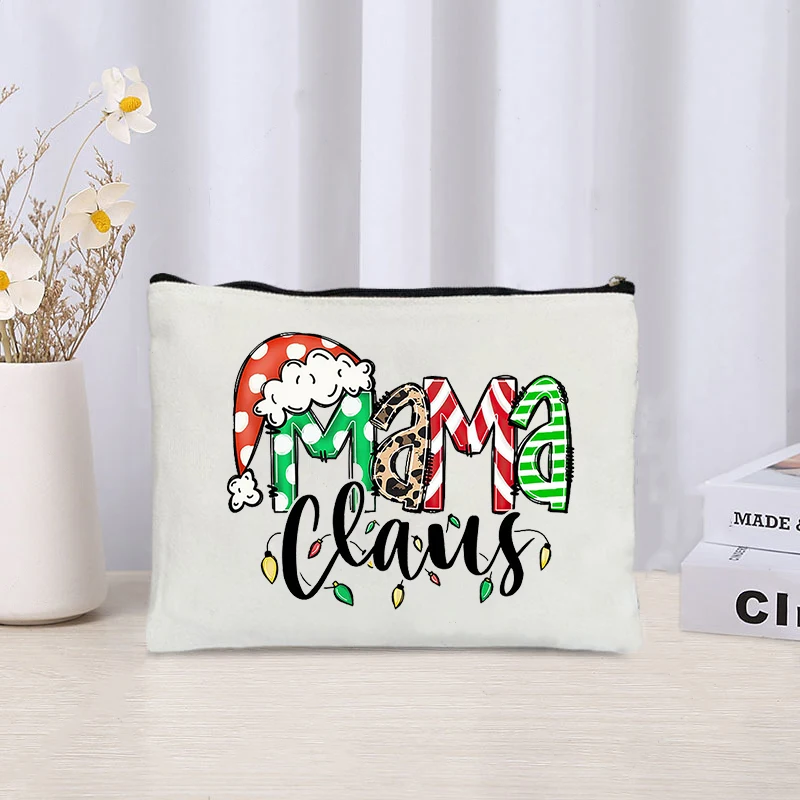 Christmas Themed Canvas Cosmetic Bag Organizer Travel Perfume Lipstick Storage Pouch Zipper Make Up Bags Pencil Case Xmas Gift