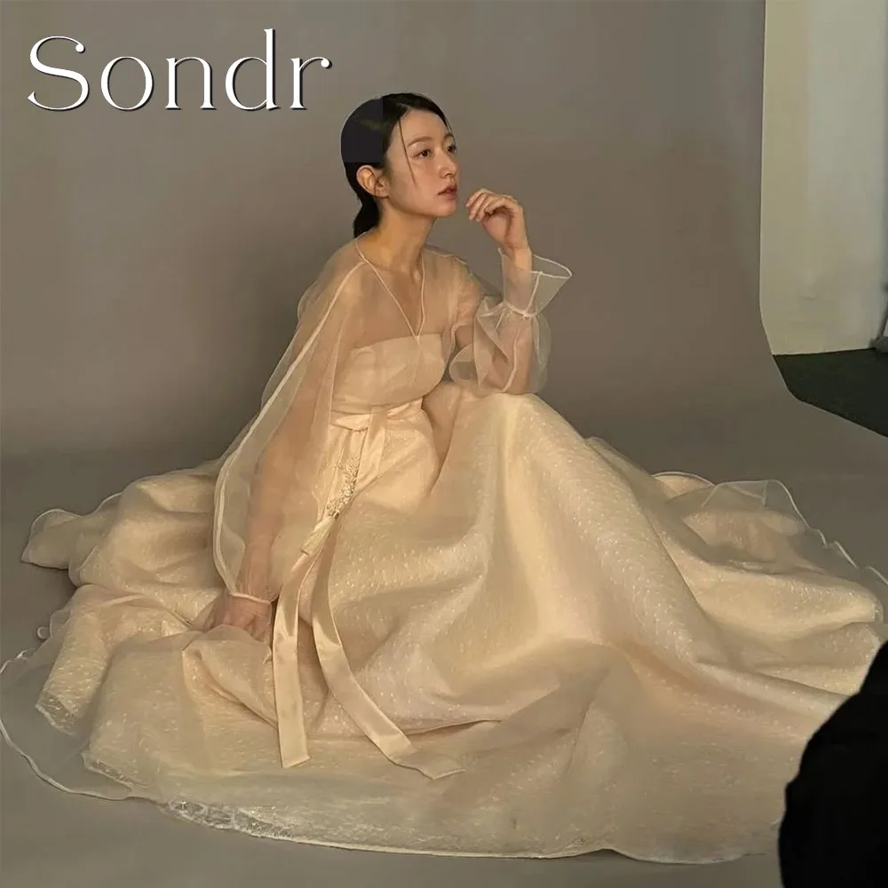 

Sondr Customized A Line Hanbok Long Sleeve V-Neck Wedding Dresses Korea Photo Shoot Bridal Gowns Customized Formal Party Dress