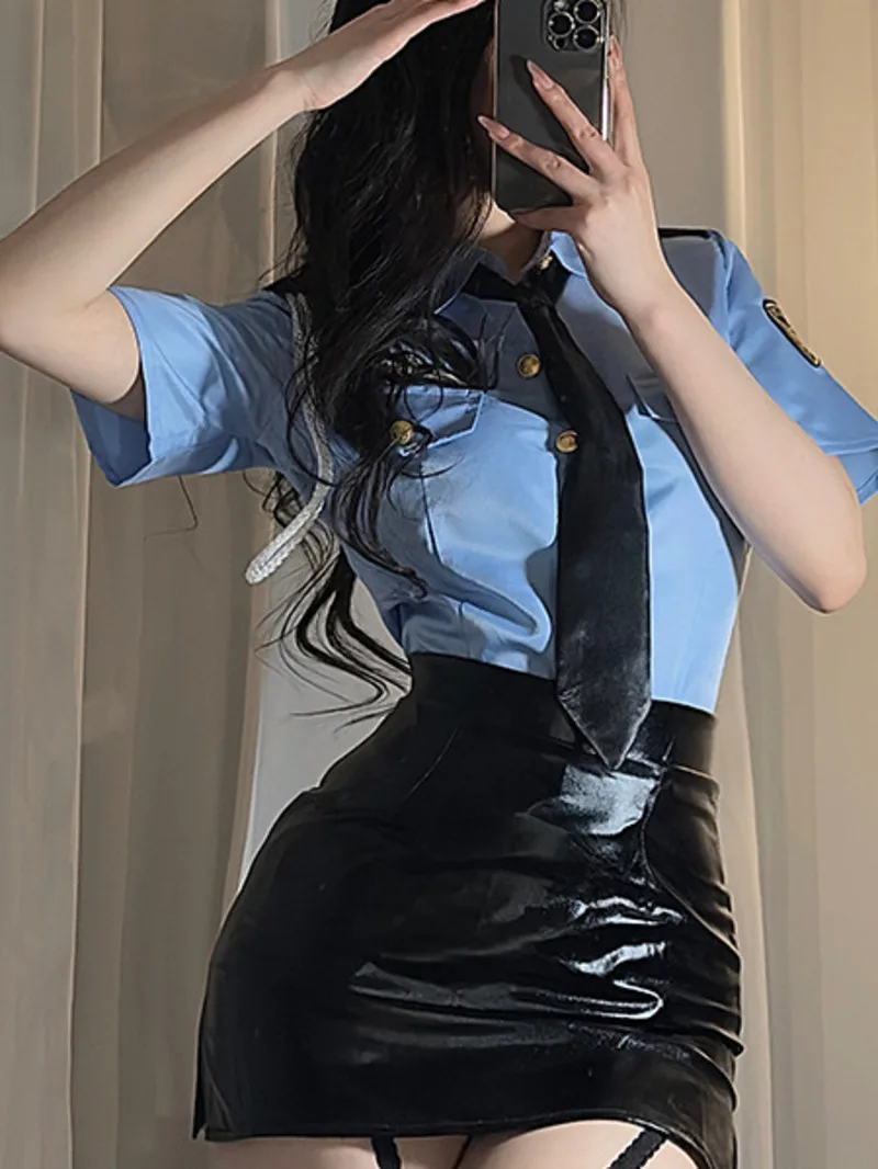 Sexy Flight Attendant Clothes Turn-down Collar Short Sleeve Elastic Waist Black Leather Wrap Buttocks Skirt Set Summer New 2FRL - view 6