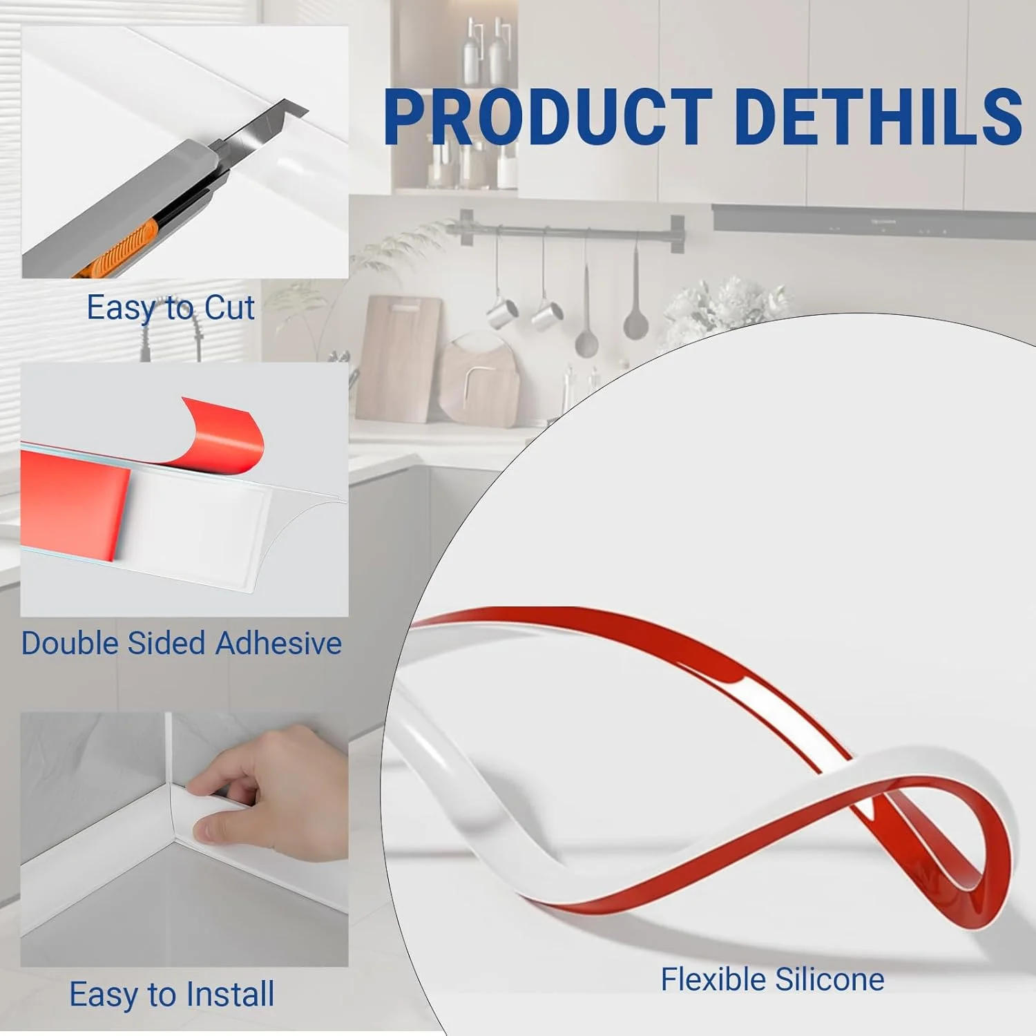 1PC 1/2/3meters Durable Silicone Quarter Round Molding Trim Flexible Caulk Strip Peel and Stick Door Bottom Seal Strip Floor Edg