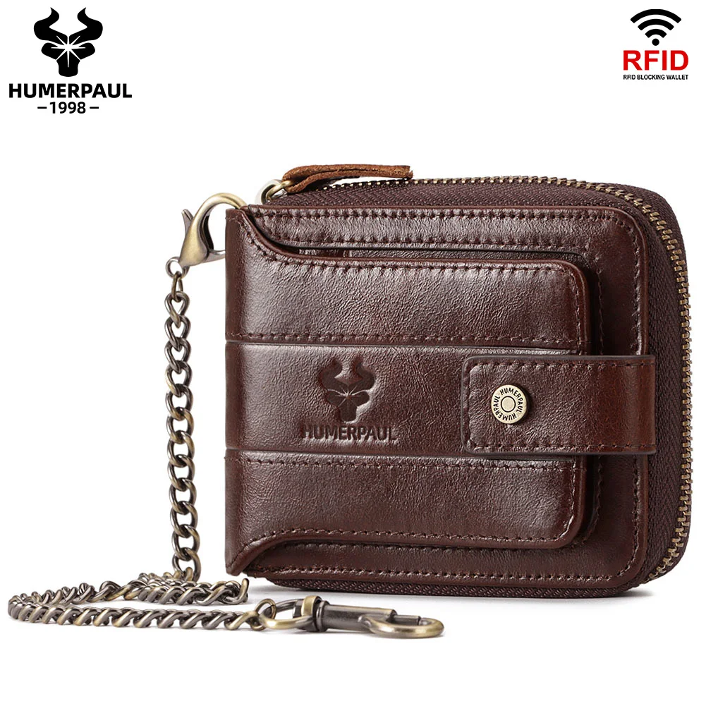 HUMERPAUL Men's Genuine Leather Wallet Business RFID Credit Card Holder with Coin Pocket Multifunctional Male Zipper Cash Clip