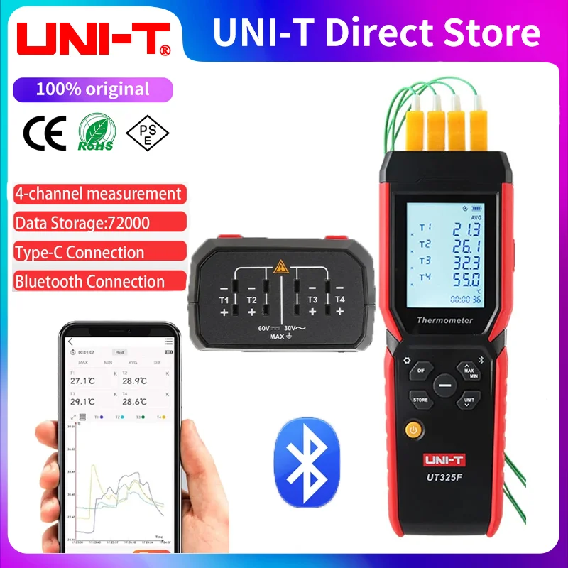 Termômetro Digital Canais Temperatura Data Logger k j t e r s n tipo Termopar Tester Termômetro Bluetooth Uni-t-ut325f
