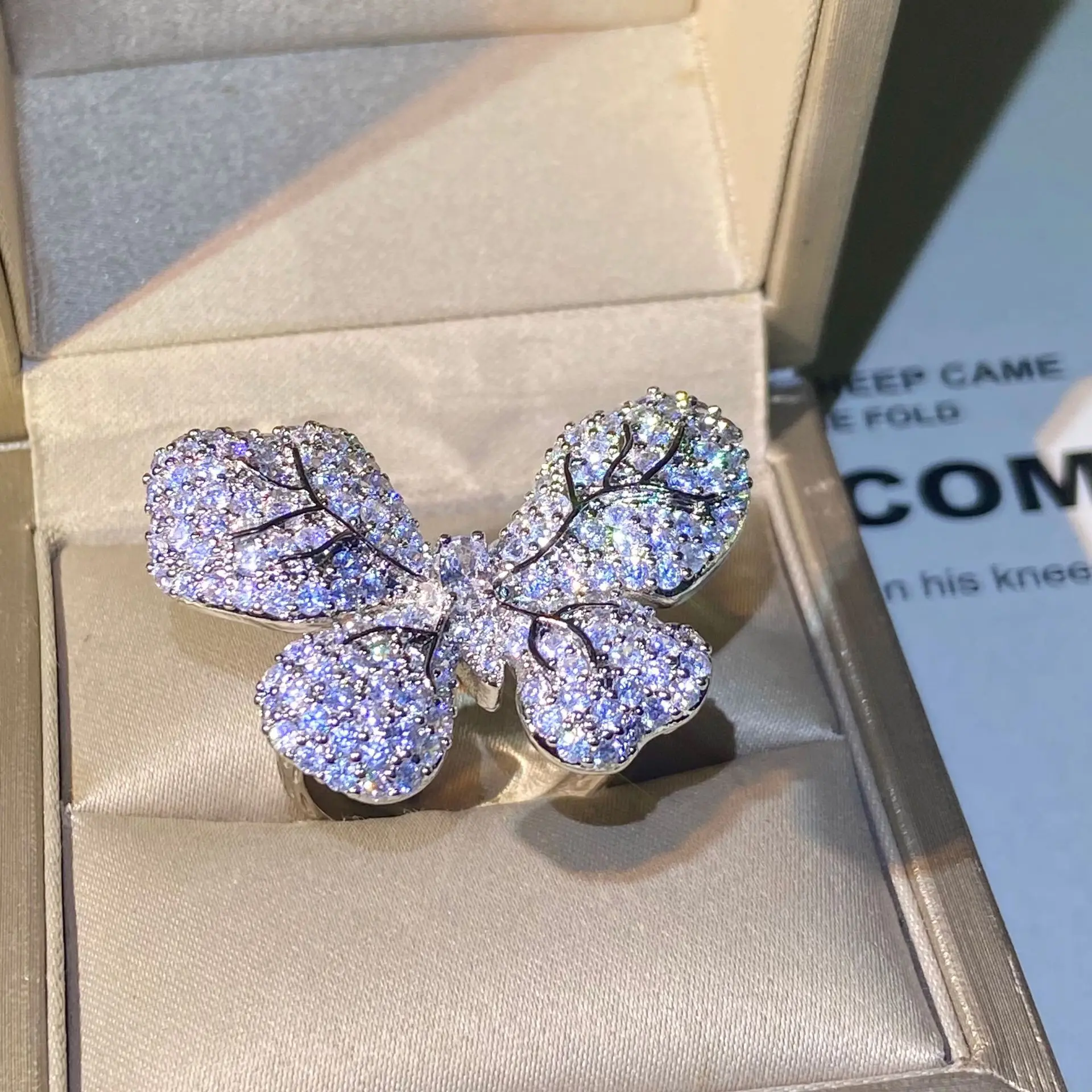 925 silver exaggerated flash diamond temperament female group inlaid zircon butterfly adjustable ring party engagement gift