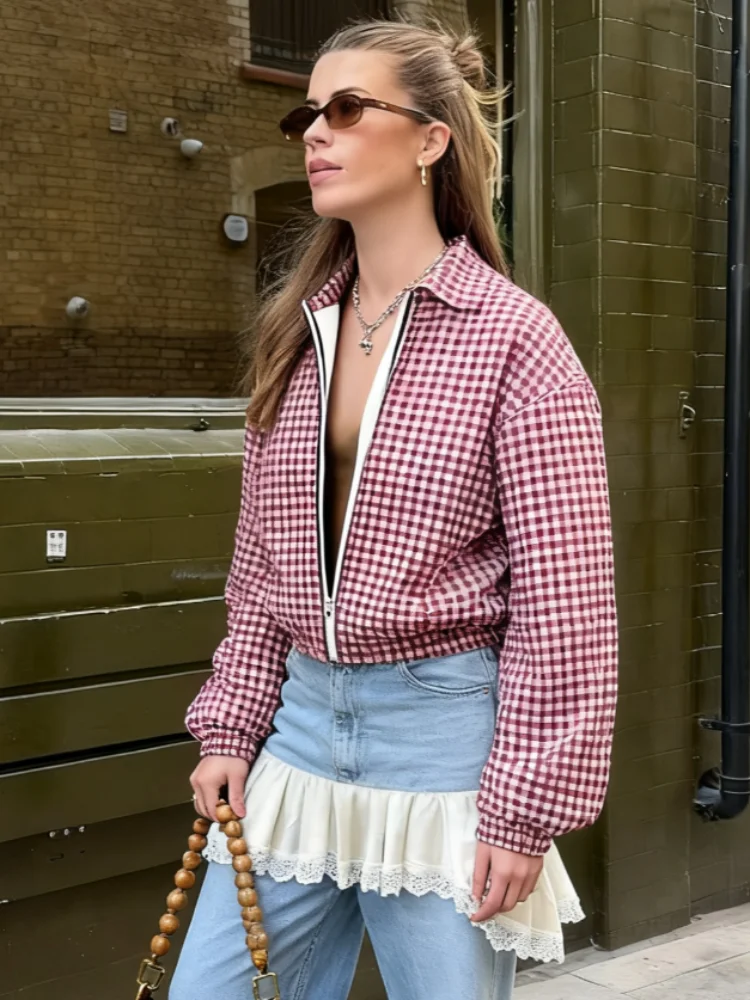 

Fashion Women Red Plaid Short Jacket Casual Stand Collar Full Sleeve Stand Collar Zipper Loose Jackets Lady Daily Street Outwear