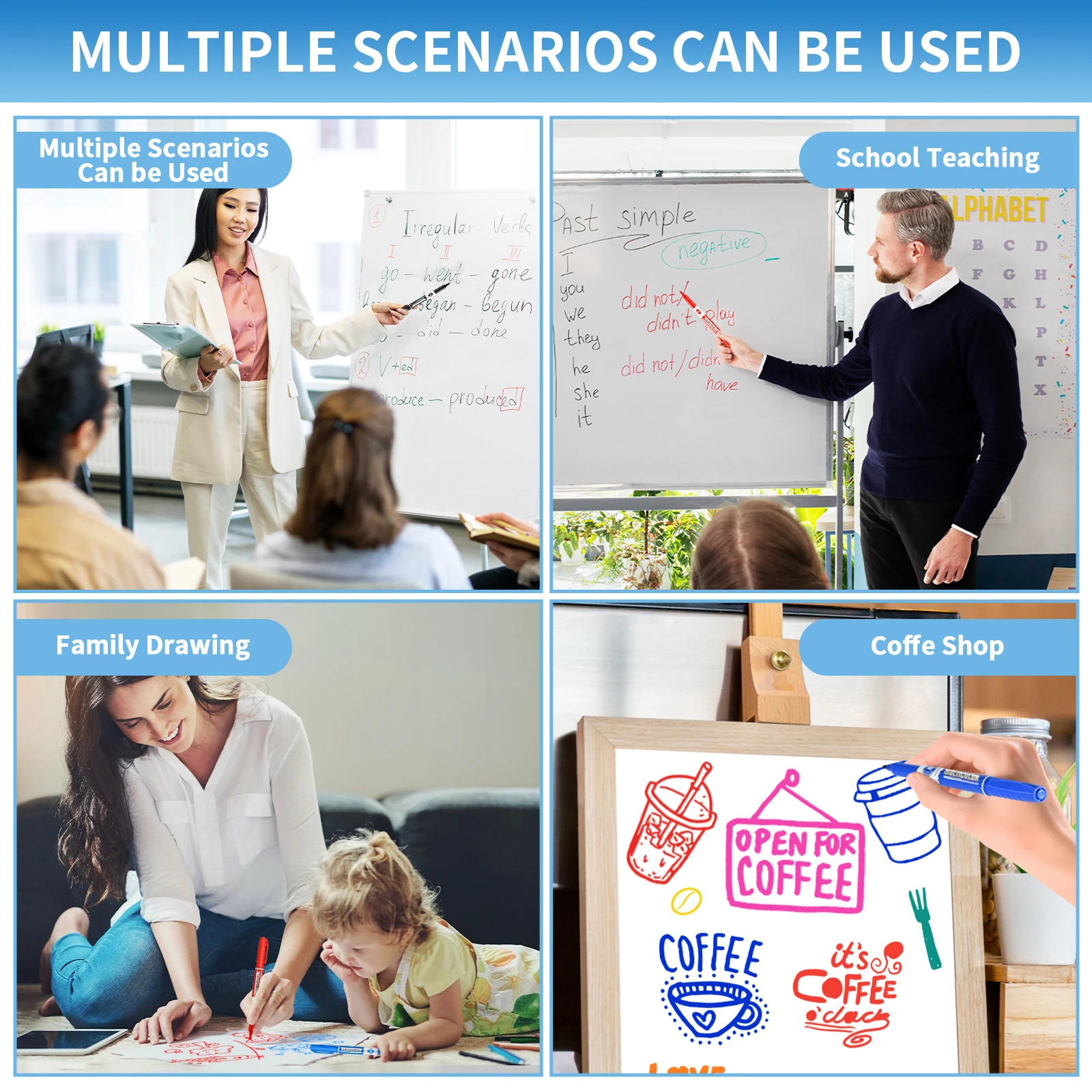 Lekreo WP128AS 8 ألوان علامات المسح الجاف للسبورات البيضاء، طرف الإزميل، رائحة منخفضة، ألوان متنوعة