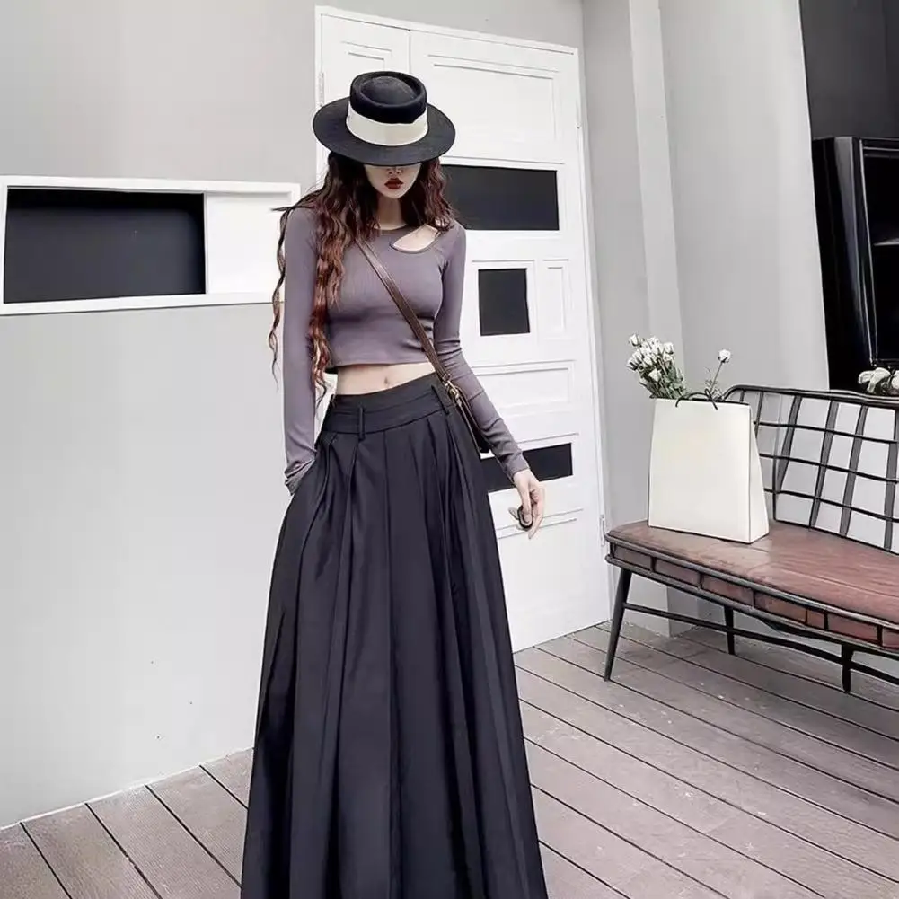 Long Pleated Skirt Flattering Slim Fit Skirt Elegant A-line Pleated Skirt High-waisted Elastic Waistband Hem Pockets for Women