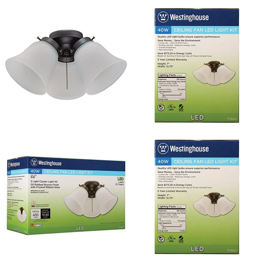 

Three-Light LED Cluster Ceiling Fan Light Kit, Oil Rubbed Bronze Finish with Frosted Ribbed Glass