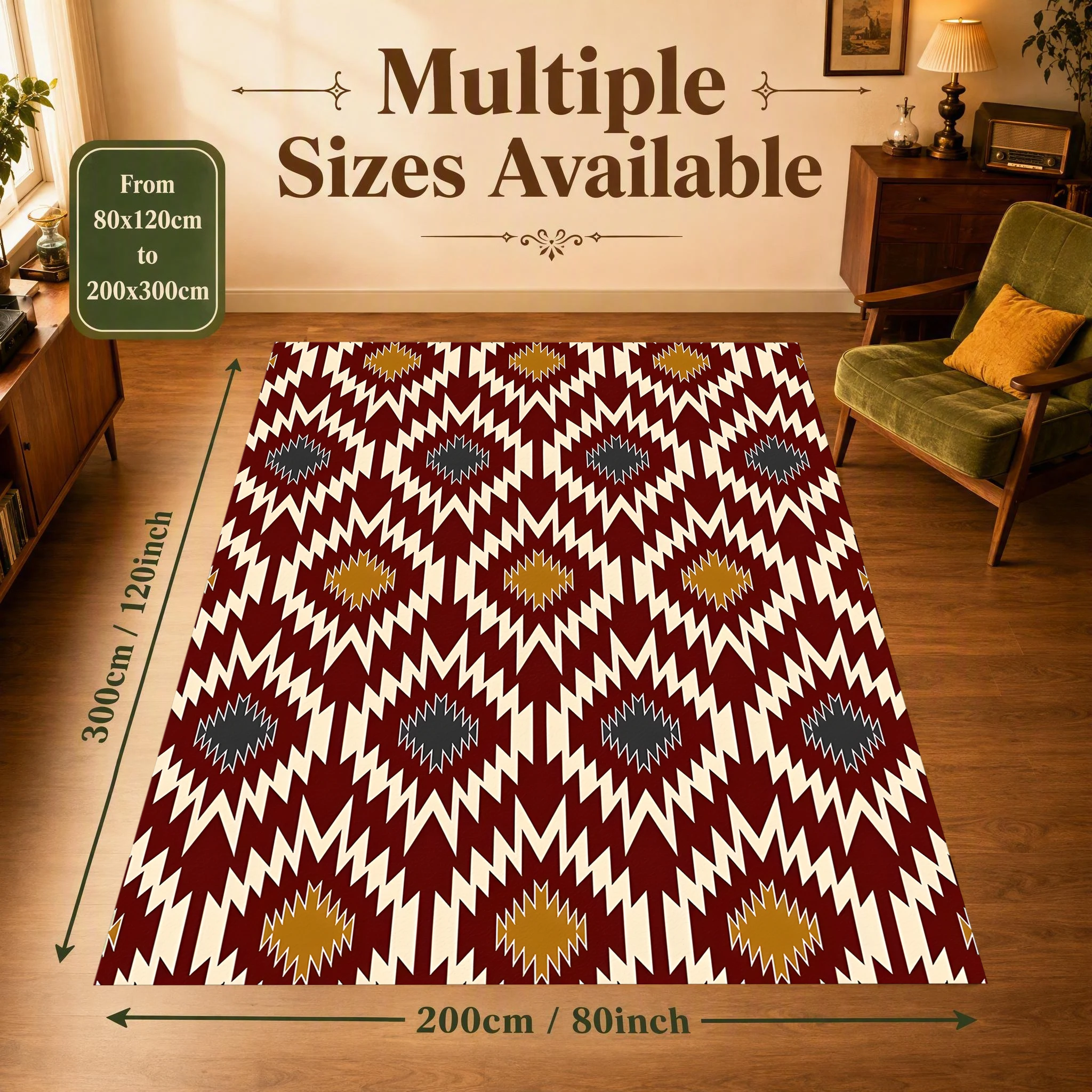 2D Carpet with Red Geometric Zigzag Radial Totem Pattern in Retro Ethnic Style for Living Room and Bedroom