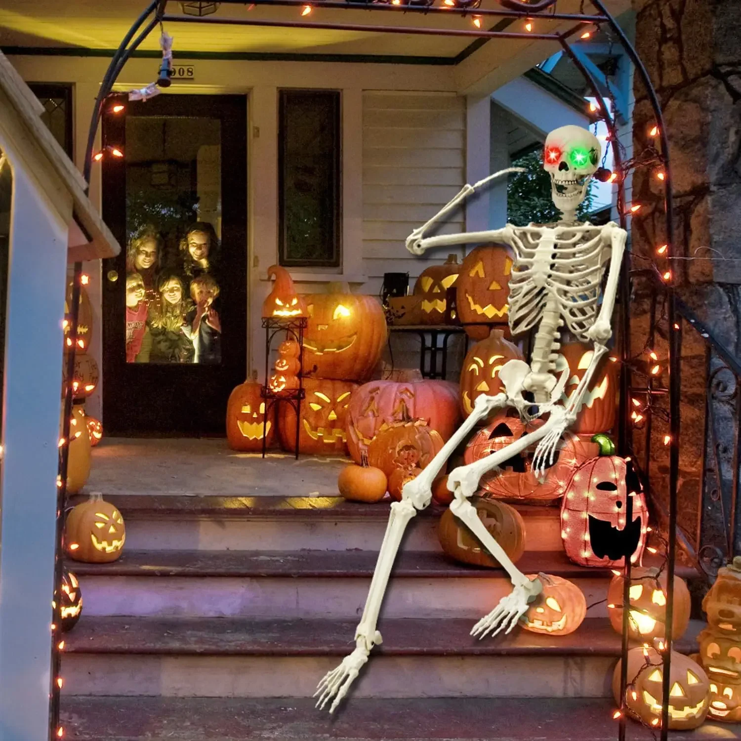 Human Skeleton, Full Size Skeleton with Posable Joints Glowing Eyes Skeleton for Halloween Party Outdoor Haunted House Decor