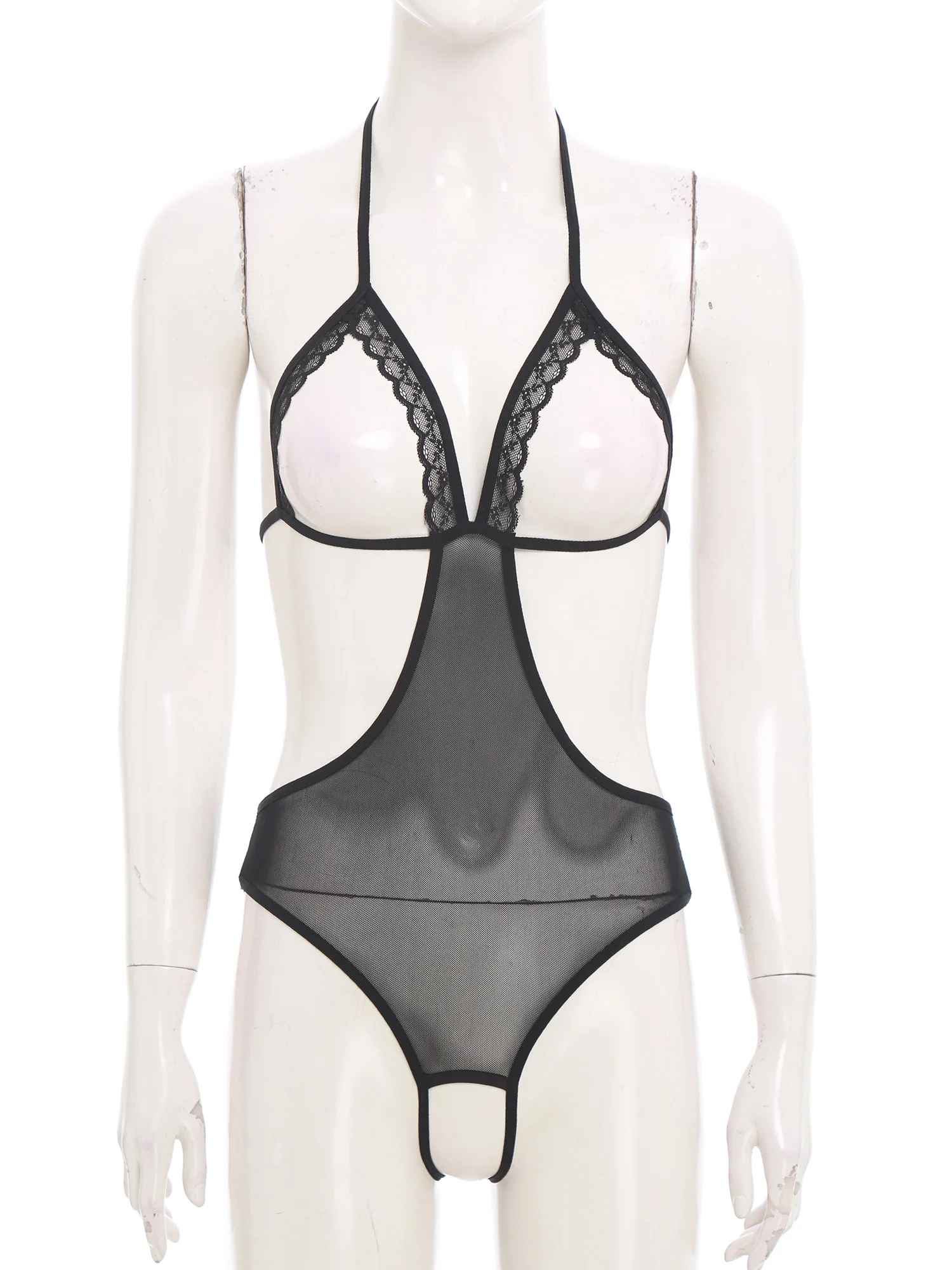 

Women Sheer Hollow Out Bodysuit Swimwear See-through Mesh Halter T-back Bikini Leotard One Piece Jumpsuit Nightwear Beachwear