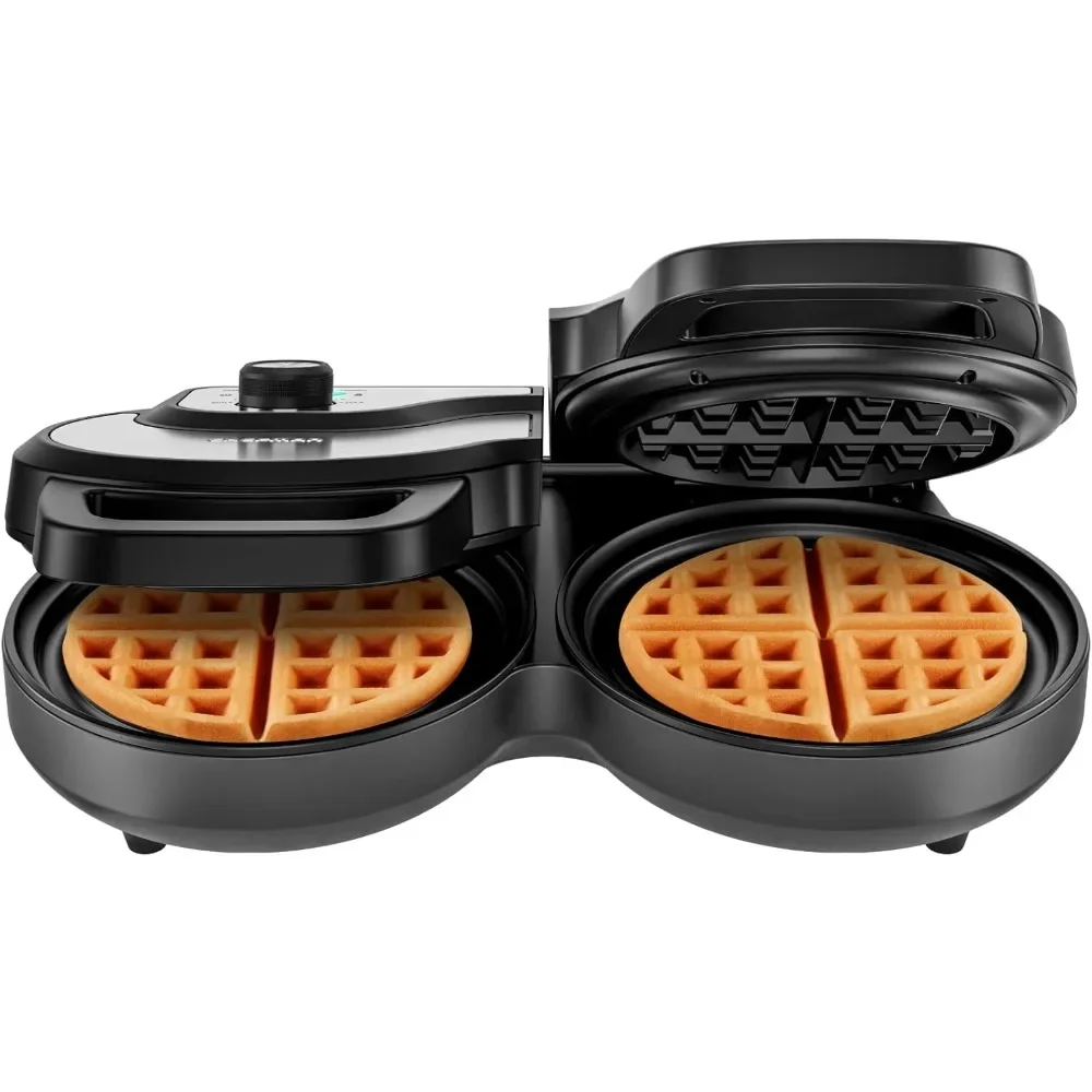 

Double Waffle Maker, 2 a Time 6-Inch Belgian Waffle Maker with Mess Free Moat and 7 Shade Settings Temp Control