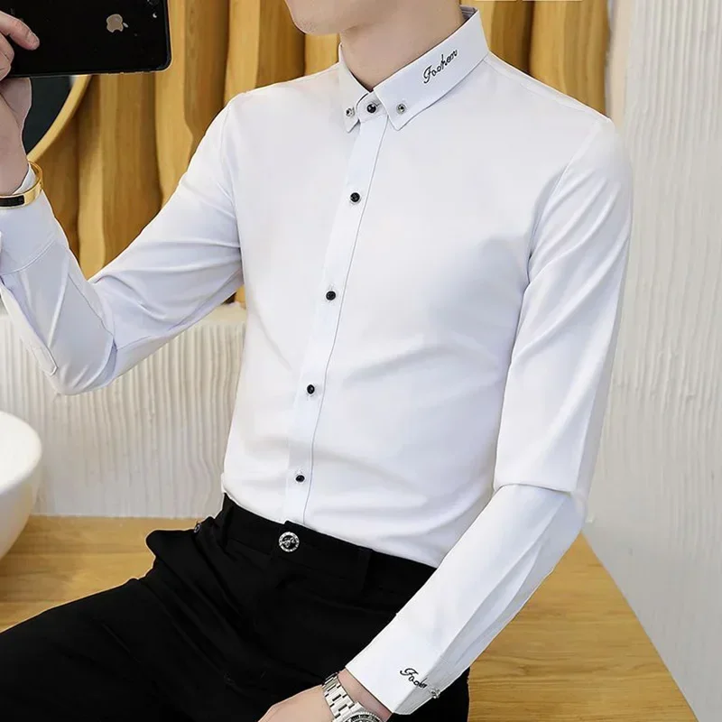 Fashion Lapel All-match Embroidery Business Shirts Men's Clothing 2023 Autumn New Oversized Casual Tops Solid Color Korean Shirt