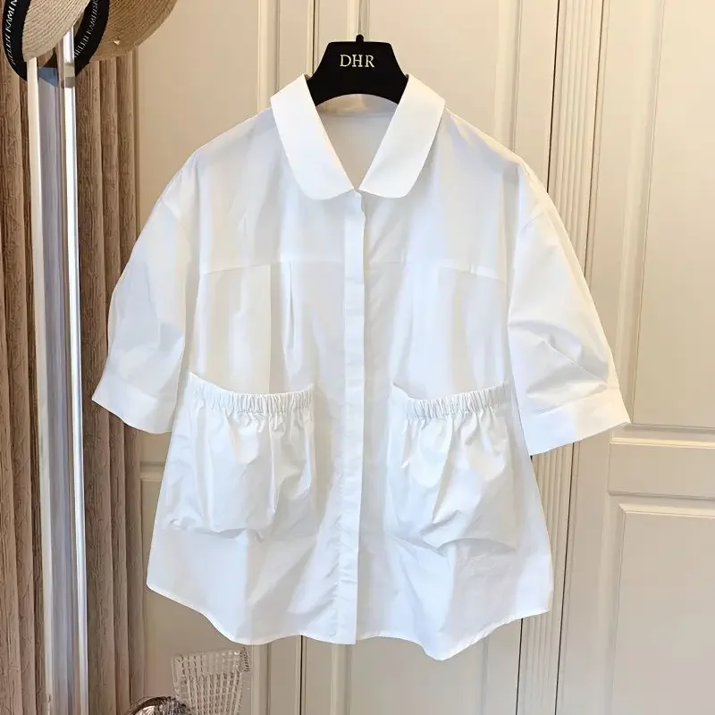 DAYIFUN-Double Pocket Pleated Design Shirts,Women,French,Retro Solid Doll Neck Blouses,Loose,Casual,Short Sleeve,Blusas Tops