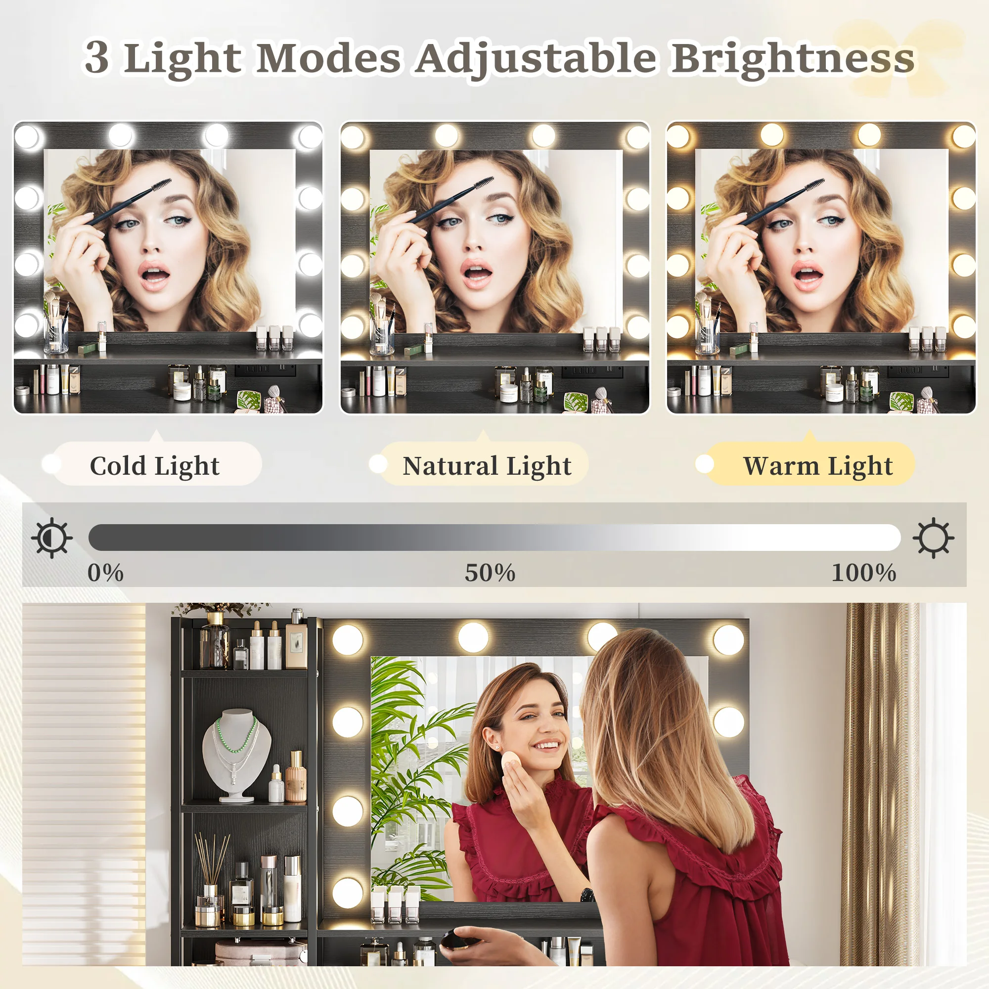 EnHomee Vanity Desk with LED Lighted Mirror & Charging Staion 5 Fabric Drawers Makeup Vanity Table for Bedroom Dorm image 6