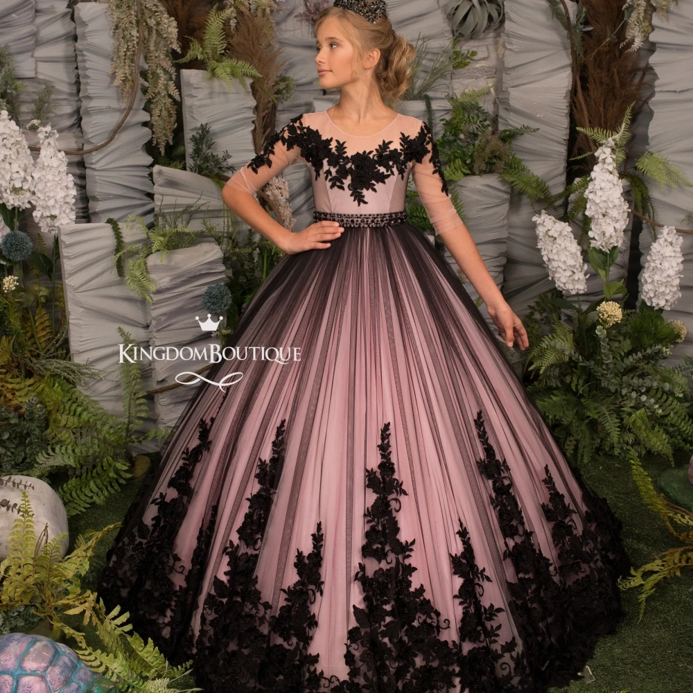 

Customized Black Purple Flower Girl Dress Lace Corset Half Sleeve Multilayered Skirt Tulle Lacw Appliques For Wedding YFD020